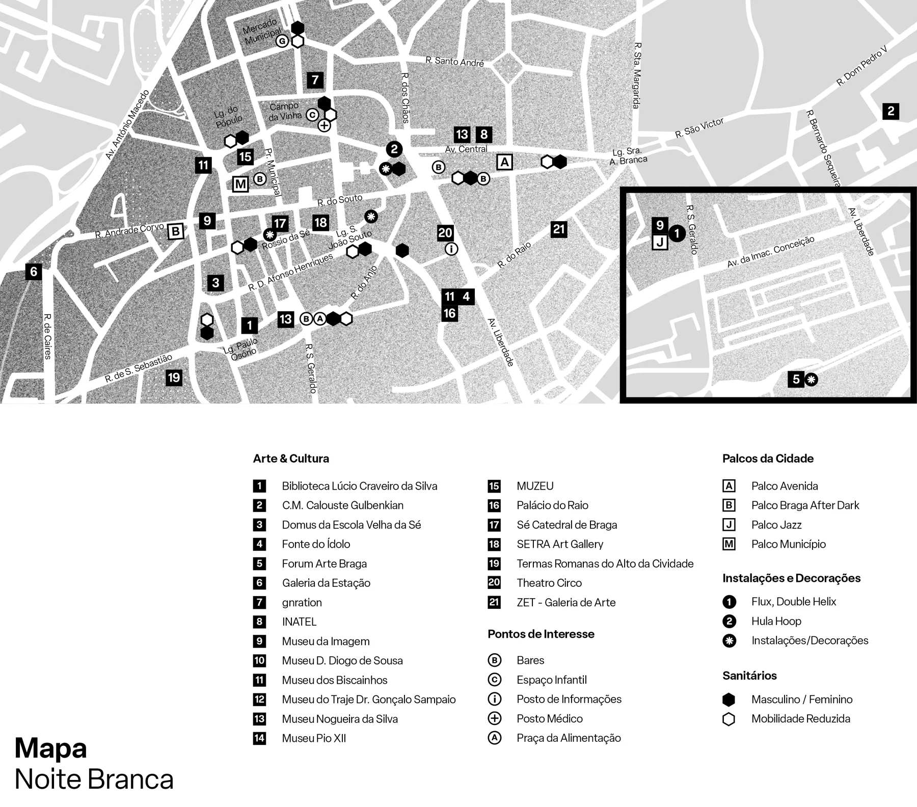 Mapa da Noite Branca de Braga com os locais do evento